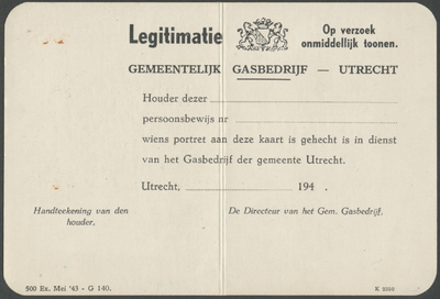 712889 Binnenzijde van een blanco legitimatiebewijs voor werknemers van het Gemeentelijk Gasbedrijf, ...